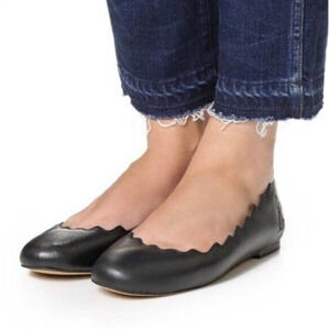 Sam Edelman Francis Ballet Flat Ballerina Black Round Toe Leather Scalloped 7.5